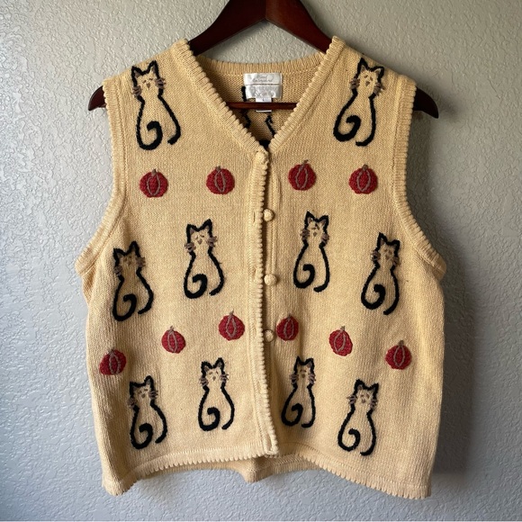 Christopher & Banks Sweaters - Vintage Christopher & Banks Womens Large Hand Embroidered Vest Cat Lady Pumpkin
